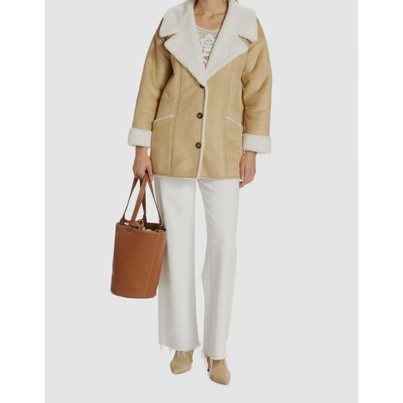 Free People Women's Size M Beige Diogo Sherpa Faux Fur Coat Jacket Ivory Combo - Picture 2 of 11